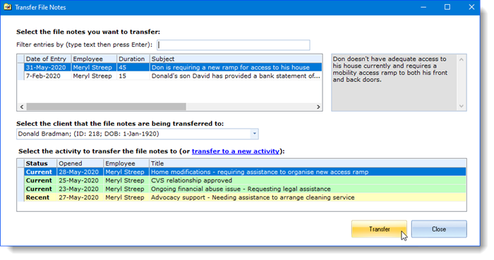 View or Edit File Notes Transfer file note screen