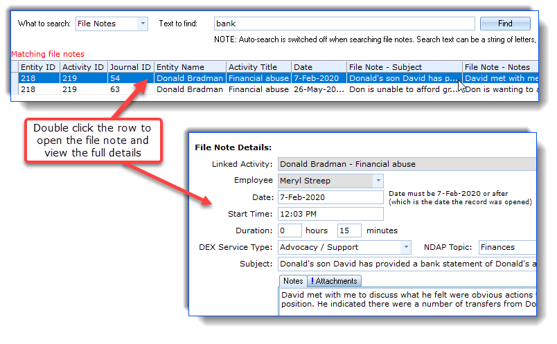 Finding your records - Double click to open file note
