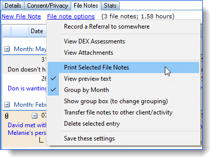 Printing client summaries selected file notes