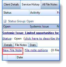 New File Note hyperlink service history tab